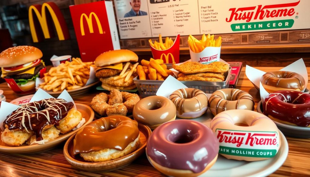 fast food menu options featuring Krispy Kreme treats and McDonald's offerings